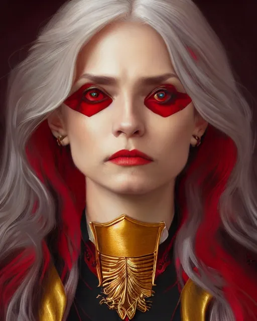 Prompt: female queen vampire, perfect face, gold waistcoat, red shirt, long grey hair, red necktie, cinematic, stunning, highly detailed, digital painting, artstation, smooth, hard focus, illustration, art by artgerm and greg rutkowski and alphonse mucha