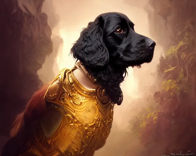 Prompt: photography of a black cocker spaniel, deep focus, d & d, fantasy, intricate, elegant, highly detailed, digital painting, artstation, concept art, matte, sharp focus, illustration, hearthstone, art by artgerm and greg rutkowski and alphonse mucha