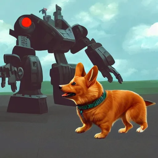 Image similar to a corgi fighting a giant robot on a cloudy day while god watches from above