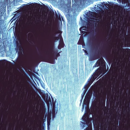 Prompt: An epic fantasy comic book style portrait painting of very imposing Industrial goths Trent Reznor and Miley Cyrus in the rain, wet hair, neon reflections, character design by Mark Ryden and Pixar and Hayao Miyazaki, unreal 5, DAZ, hyperrealistic, octane render, cosplay, RPG portrait, dynamic lighting, intricate detail, cinematic