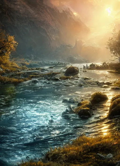 Image similar to river, ultra detailed fantasy, elden ring, realistic, dnd, rpg, lotr game design fanart by concept art, behance hd, artstation, deviantart, global illumination radiating a glowing aura global illumination ray tracing hdr render in unreal engine 5