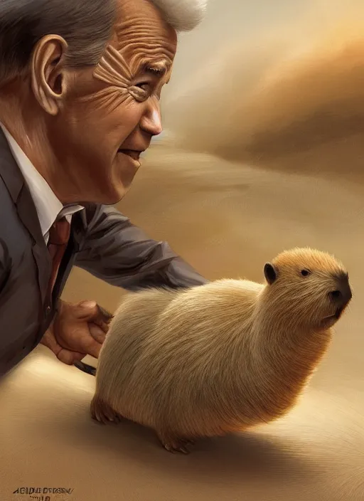 Image similar to ultradetailed photograph of joe biden riding a capybara by artgerm and Craig Mullins, James Jean, Andrey Ryabovichev, Mark Simonetti and Peter Morbacher 16k