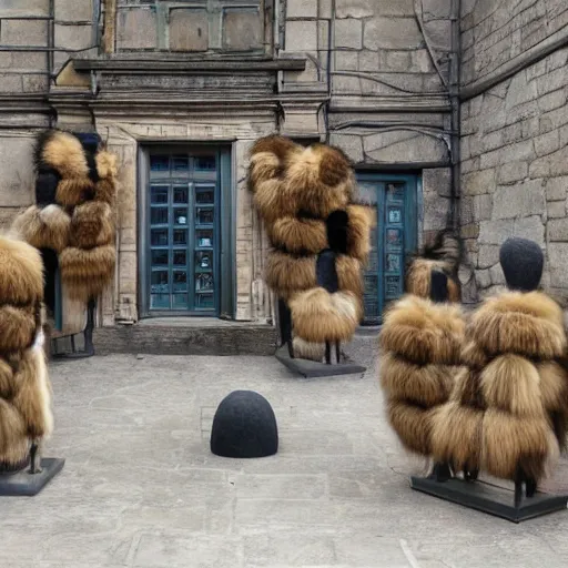 Prompt: group of five objects each with multiple limbs and long fur coats, they create a court yard of a small house