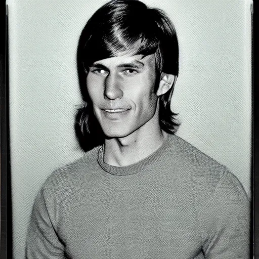 Image similar to A photograph portrait of Jerma985 with short-medium length hair a combover wearing early 1970s menswear in the early 1970s, taken in the early 1970s, grainy, taken on a 1970s Polaroid Camera, realistic, hyperrealistic, very realistic, highly detailed, very detailed, extremely detailed, detailed, digital art, trending on artstation, colorized photo