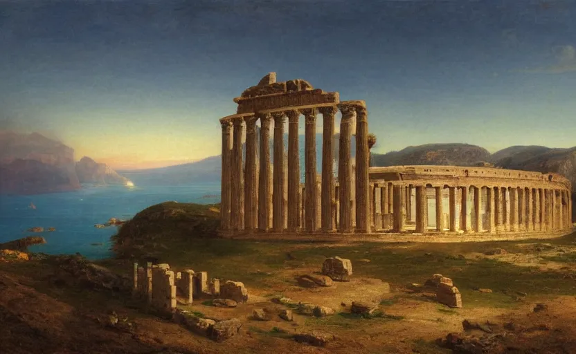 Prompt: large roman temple on a hill overlooking the ocean, close up shot, at dusk, distant mountains, 4k, rule of thirds, extreme detail, hazy water, intricate ink illustration, trending on artstation, cgsociety, hd, calm, complimentary colours, realistic lighting, by Albert Bierstadt, Frederic Edwin Church.