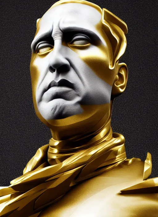 Prompt: stylized gold onyx ornate statue full body made of marble of nicholas cage, perfect symmetrical body, perfect symmetrical face, hyper realistic, hyper detailed, by johannen voss, by michelangelo, octane render, blender, 8 k, displayed in pure white studio room