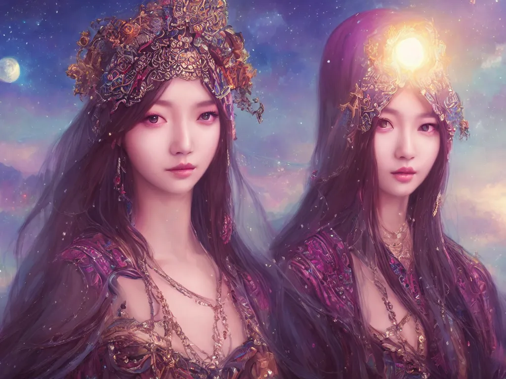 Prompt: masterpiece portrait charming and miracle female luxury astromancer boho accessories in dreamlike movie, kpop, high detailed face, art by artgerm, greg rutkowski, sasoura, satchely, ross tran,, big major starry sky and city in background, uhd, medium long shot, fantasy, twlight, no distorsion, sharp focus,