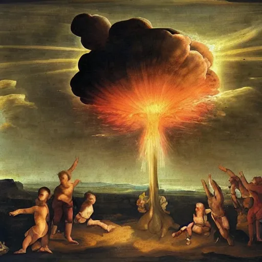 Image similar to renaissance painting of atom bomb mushroom cloud