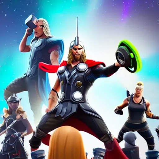 Prompt: Thor playing fortnite with gamer headphones