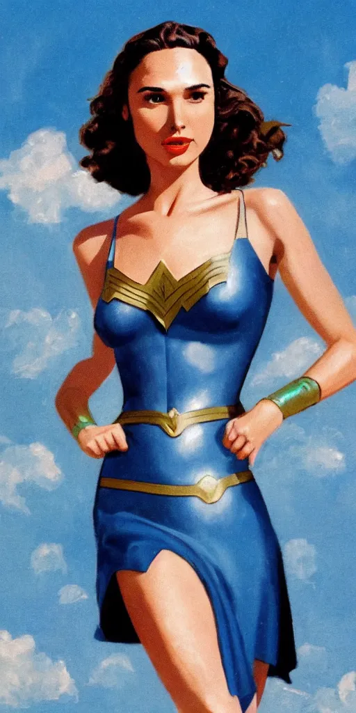 Prompt: full body portrait of gal gadot in the style of bill medcalf, blue sky with a few clouds, retro, 1 9 5 0, 4 k, detailed, headroom, rule of thirds