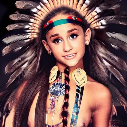 Image similar to ariana grande as a beautiful native american from 300 years ago, colour, photography, realistic,