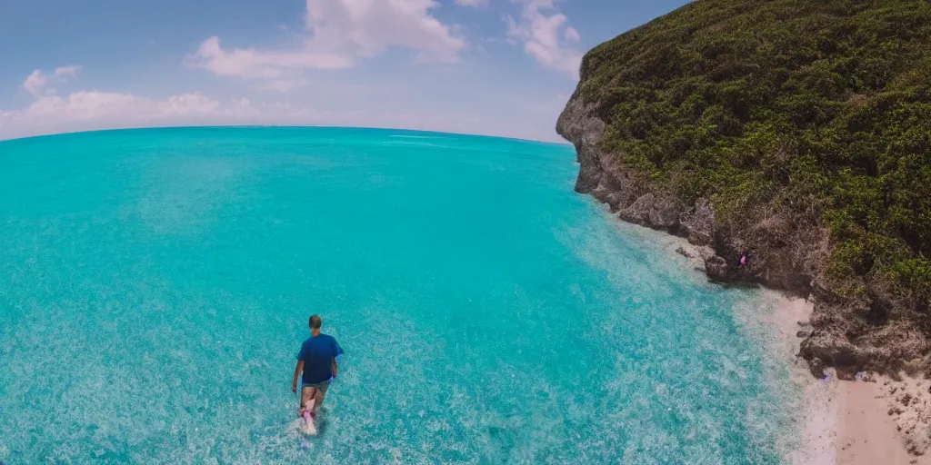 Image similar to gopro footage of a man walking into the ocean, azure blue water, slight grain