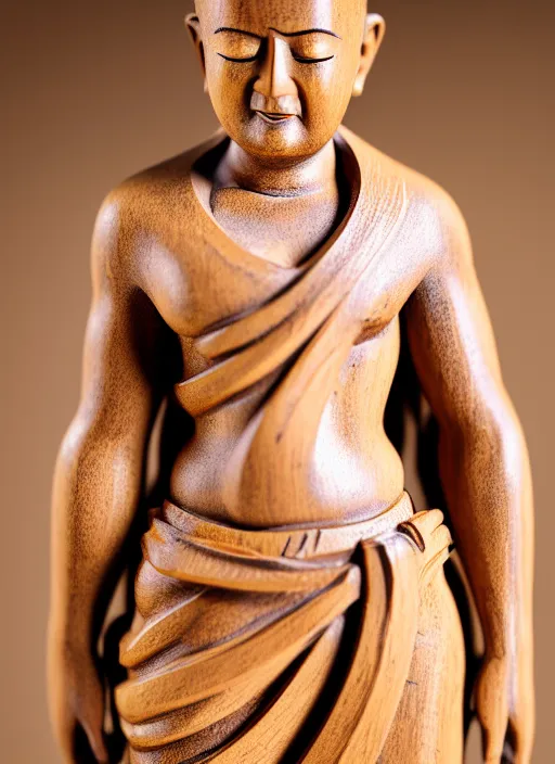 Image similar to still wooden figurine of monk wearing a white shorts, personification, dynamic pose, detailed product photo, 8 k, 8 5 mm, f. 1 4, beautiful composition