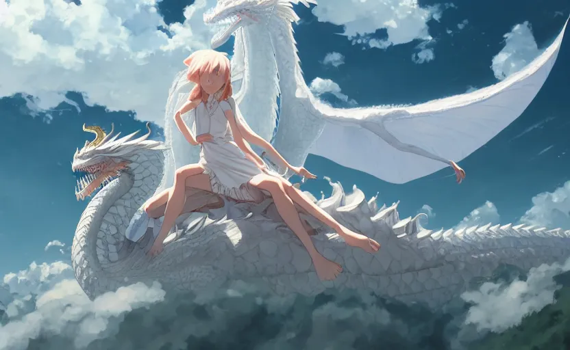 Image similar to a hyper detailed big render that a beautiful girl sitting on the back of a huge silver white dragon alone in fairyland surrounded by white clouds, finely detailed angelic face, style of studio ghibli, makoto shinkai, xision, ilya kuvshinov and artgerm, kazuki tanahashi, james jean, animation style, curve composition, ultra wide angle