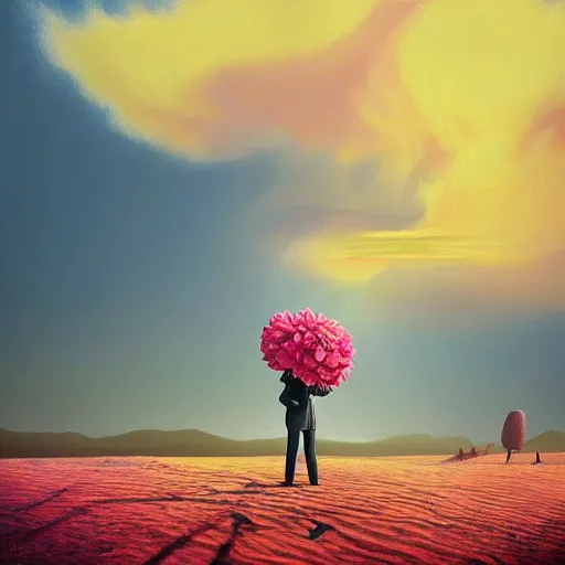 Image similar to giant carnation flower head girl, suit, desert, surreal photography, sunrise, dramatic light, impressionist painting, digital painting, artstation, simon stalenhag