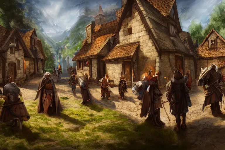 Image similar to A small medieval village, fantasy, D&D, concept art, sharp focus, trending on artstation, digital painting, people in frame, midday, sunny, beautiful, texture, wizards of the coast, tabletop, roleplay