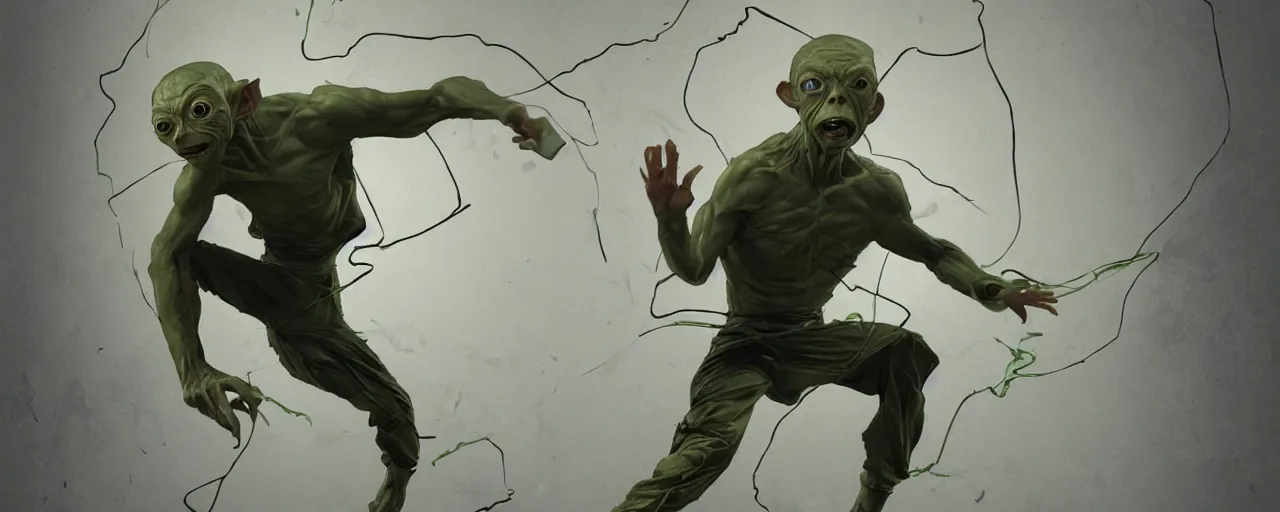 Image similar to duotone olive green grey illustration 3 / 4 portrait of gollum doing kung fu moves. dynamic chaotic composition accidental renaissance golden ratio. by sachin teng and sergey kolesov and ruan jia and heng z. graffiti art, scifi, fantasy, hyper detailed. octane render. concept art. trending on artstation