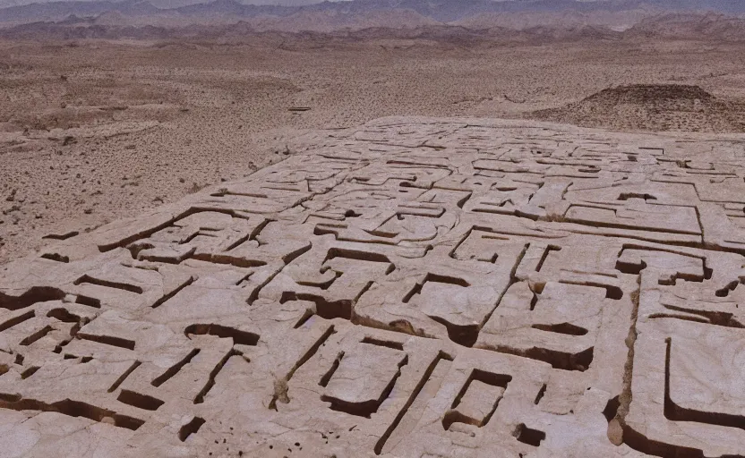 Image similar to high quality 2000s historic footage of a labyrinth in the desert with giant marble walls, color aerial photo drone, Cinestill 800t, heavy grainy picture, very detailed, high quality, 4k panoramic