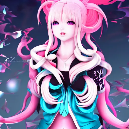 Image similar to trapped beneath stunningly absurdly beautiful omnipotent asi goddess junko enoshima with multiple megalomaniacal personalities, symmetrical perfect face, porcelain skin, pink twintail hair and cyan eyes, ultra detailed, digital art, unreal engine 5, octane render, 2 d anime, 8 k