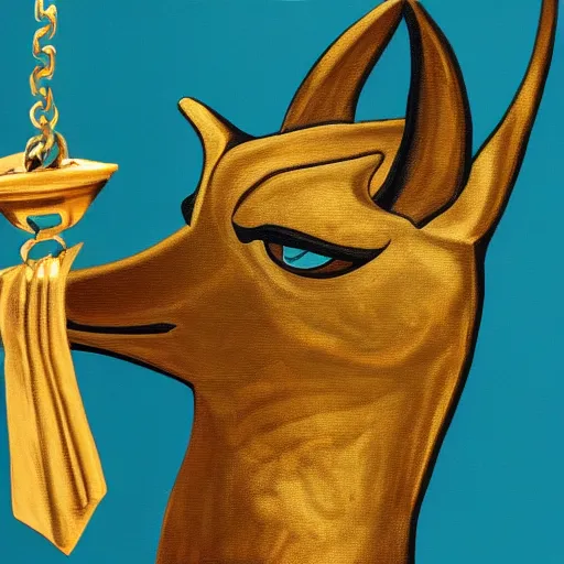 Image similar to painting of the god Anubis wearing an office suit with a gold necklace, looking at the camera, black background, studio light