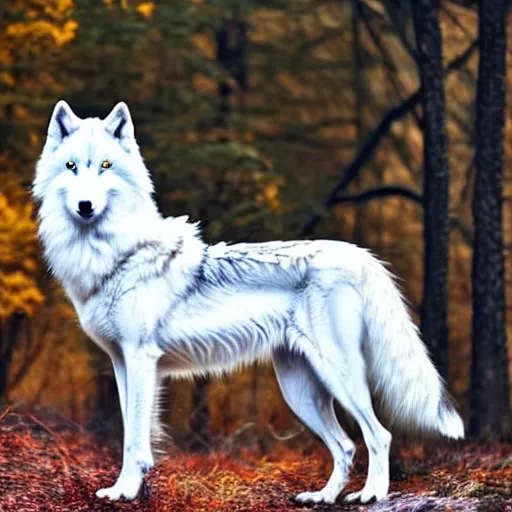 Image similar to a beautiful long - haired white wolf with blue eyes stands in a dormant autumn forest, no yellow color in eyes, no yellow color