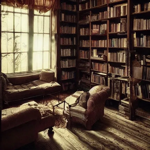 Prompt: dream-like livingroom with a lot of book all around the place, weird atmosphere, very detailed, poor light