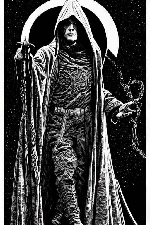 Image similar to wizard in a hooded cloak holding a vile, high details, intricately detailed, by vincent di fate, inking, 3 color screen print, masterpiece, trending on artstation,, sharp, details, hyper - detailed, hd, 4 k, 8 k