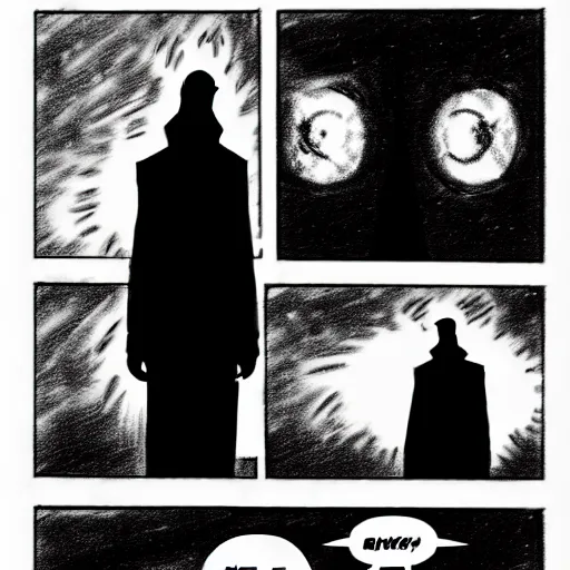 Prompt: a sketchy comic book page with a tall man dressed in a black coat, messy black heair, in a dark room with saint lights, foggy, there is a glimpse of the cosmos where there are shadows, mystery in a big cosmic eye in the background, sandman, morpheus, 1 0 0 mm lens, fashion photoshooting,,