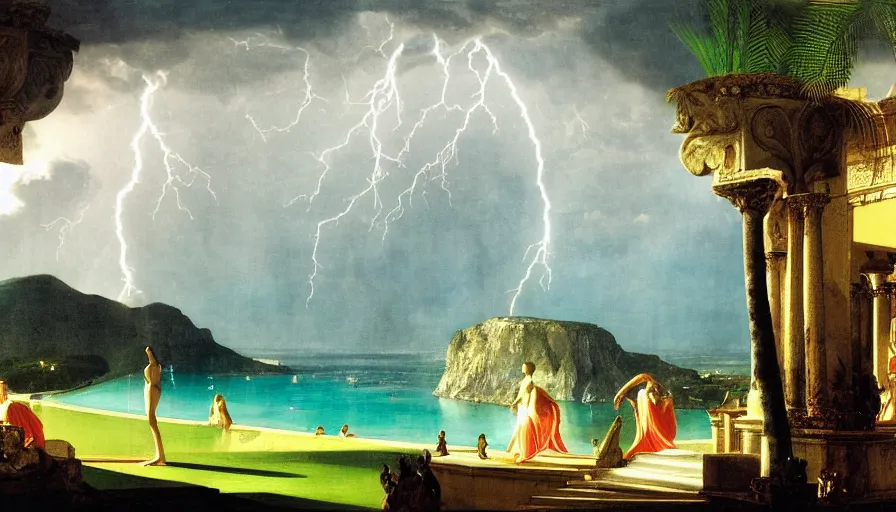 Image similar to From Inside the giant Palace, mediterranean balustrade and columns line, refracted sparkles, thunderstorm, greek pool, beach and Tropical vegetation on the background major arcana sky and occult symbols, by paul delaroche, hyperrealistic 4k uhd, award-winning, very detailed paradise