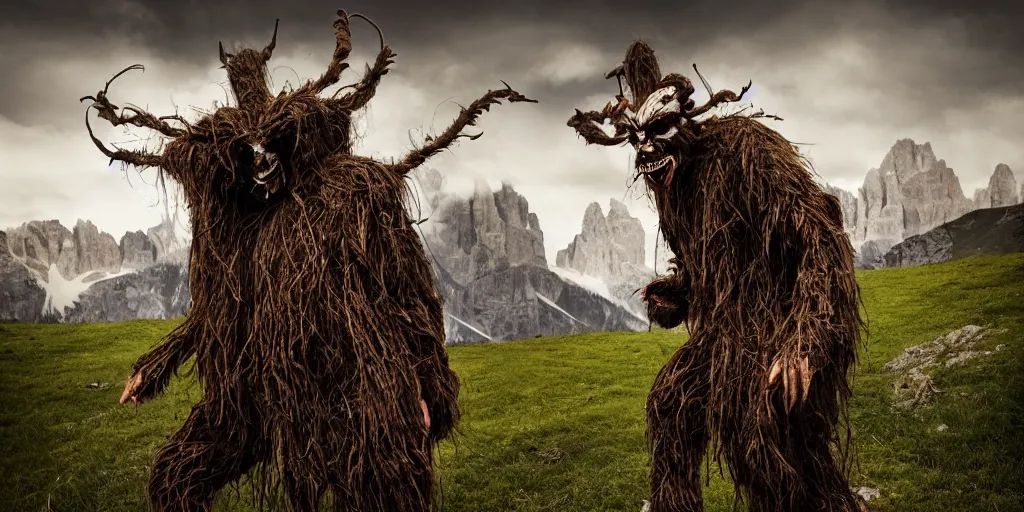 Prompt: alpine farmer transforming into hay monsters and krampus,roots and hay coat, dolomites in background, dark, eerie, despair, portrait photography, artstation, highly detailed, sharp focus, by cronneberg