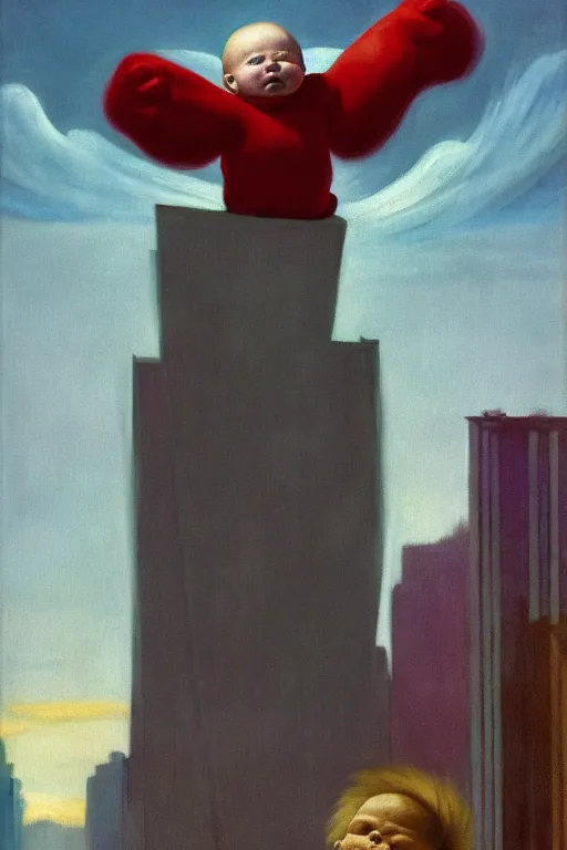 Image similar to evil human giant baby in huggies, grows up to the sky, against the backdrop of destroyed high - rise building, hauntingly surreal, highly detailed painting by francis bacon, edward hopper, adrian ghenie, gerhard richter, and james jean soft light 4 k,