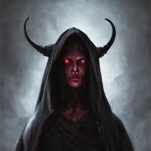 Image similar to masterpiece portrait of a surly and resentful female tiefling thief with horns wearing a black hooded cloak and a thief's leather garb, crimson skin pigmentation, black eyes, by Greg Rutkowski, as seen on ArtStation, 4k, dungeons and dragons, very aesthetic, very detailed, intricate, unreal, fantasy, dramatic, painterly, artstation, sharp focus, smooth