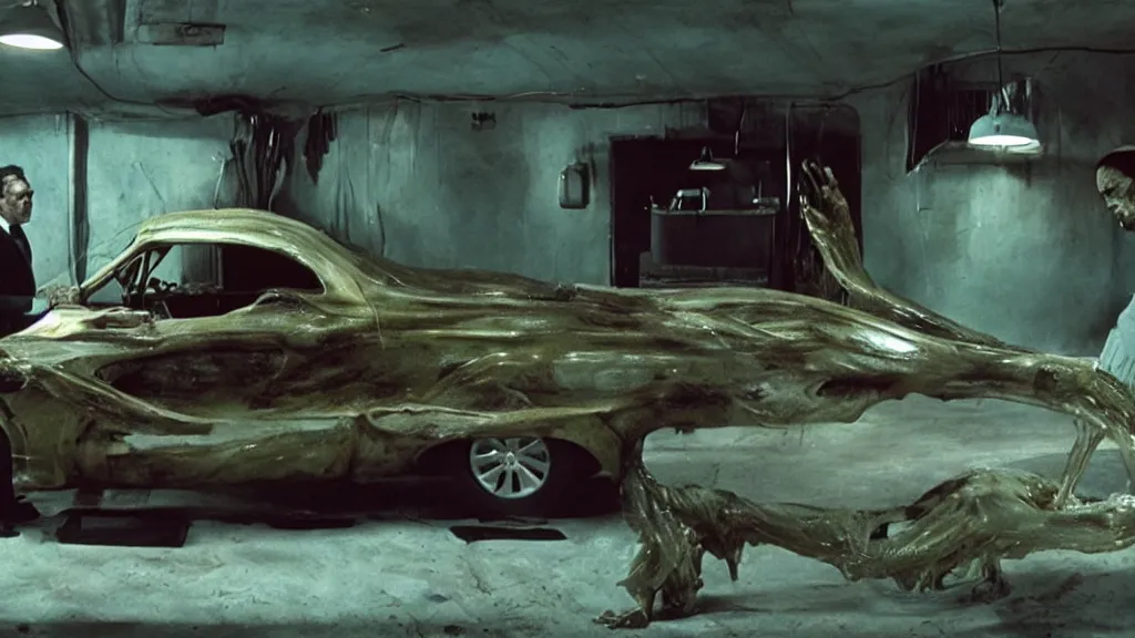 Image similar to the creature sells a used car, made of wax and water, film still from the movie directed by Denis Villeneuve with art direction by Salvador Dalí, wide lens