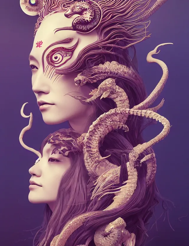 Prompt: 3 d goddess half - turn portrait with long hair with ram skull. beautiful intricately detailed japanese crow kitsune mask and clasical japanese kimono. betta fish, jellyfish phoenix, bio luminescent, plasma, ice, water, wind, creature, artwork by tooth wu and wlop and beeple and greg rutkowski