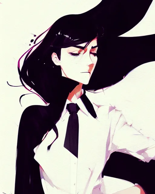 Image similar to a ultradetailed beautiful panting of a stylish woman, she is wearing a white shirt with a tie and black pants, by conrad roset, greg rutkowski and makoto shinkai trending on artstation