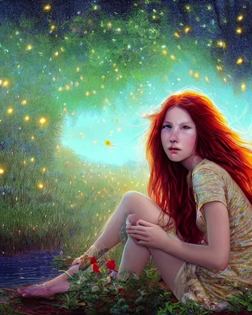 Prompt: a young woman, amazed by the lights of golden fireflies, sitting in the midst of nature fully covered, long loose red hair, intricate linework, dreamy green eyes, small nose with freckles, oval shape face, soft happy smile, realistic, expressive emotions, dramatic lights scene, hyper realistic ultrafine digital art by james jean and albert bierstadt and artgerm