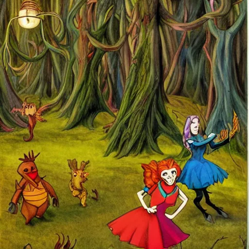 Prompt: a scene of colorful cartoon monsters in the clearing of a dark fantasy forest surrounded by darkness. hyperrealist illustration. muted colors. 1 9 7 0's pulp science fiction and fantasy cartoon for alice in wonderland and wizard of oz. richly colored painting by don ivan punchatz.