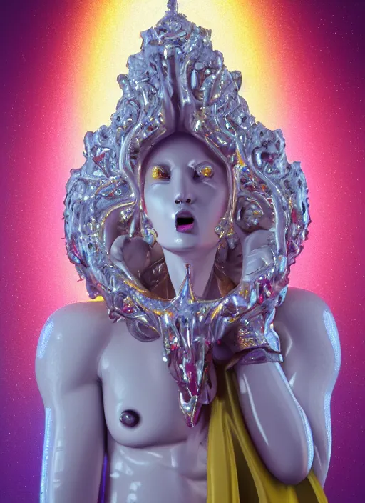 Prompt: photo of baroque and bladerunner delicate neon diamond sculpture of ceramic albino king santiago cabrera seductive delicious tongue out, creamy red iridescent humanoid deity wearing white puffy hoody holding diamond skull in a yellow metallic dungeon, reclining, glowing rainbow face, crown of white diamonds, cinematic lighting, photorealistic, octane render 8 k depth of field 3 d