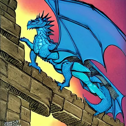 Image similar to A large azure dragoness atop a castle tower by Andy Kubert, highly detailed, in the style of Grant Morrison's batman