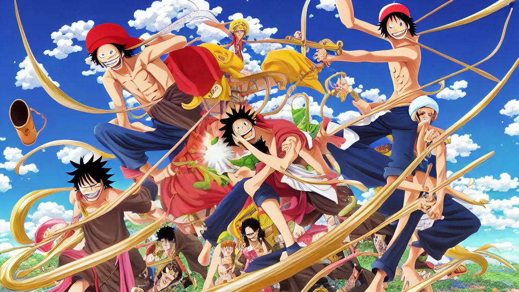 Prompt: onepiece in highly detailed manga spread combination of art styles depicting an impactful action scene on open meadow clear sky at noon with expert design fictional characters, dynamic art by sakimi, bright colors, moebius, makoto shinkai, murata, james jean, craig mullins, digital painting, masterpiece, best selling, pixiv, volumetric lighting, realistic shaded lighting, 8 k