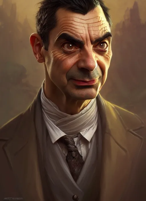 Image similar to portrait of mr bean, d & d, muscular! fantasy, intricate, elegant, highly detailed, digital painting, artstation, concept art, smooth, sharp focus, illustration, art by artgerm and greg rutkowski and alphonse mucha