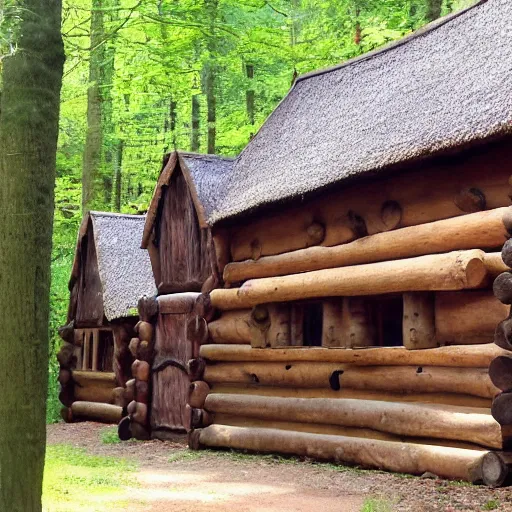 Image similar to Sherwood forest, wooden houses, Brother Tuck, Barrels, medieval