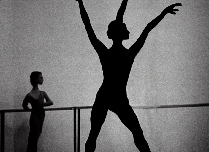 Image similar to a 3 5 mm photo from the back of a ballet dancer in the spotlight on stage in silhouette in the 1 9 6 0 s, bokeh, canon 5 0 mm, cinematic lighting, dramatic, film, photography, golden hour, depth of field, award - winning, 3 5 mm film grain