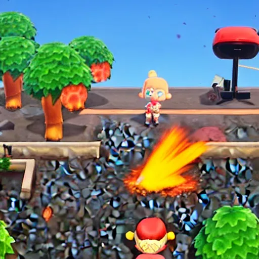 Prompt: screen shot of carpet bombing in animal crossing, large explosions, fire, chaotic