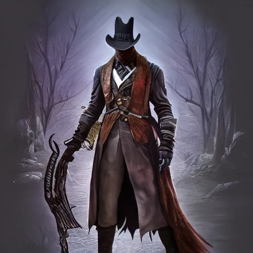 Image similar to an ultradetailed 3 d illustration of the hunter from bloodborne dressed as darkwing duck, let's get dangerous, in the style animation of darkwing duck, digital art, dark fantasy, concept art, soulslike, by alphonse mucha, blood moon eclipse, ominous night mist, unreal engine, octane render, artstation, 8 k