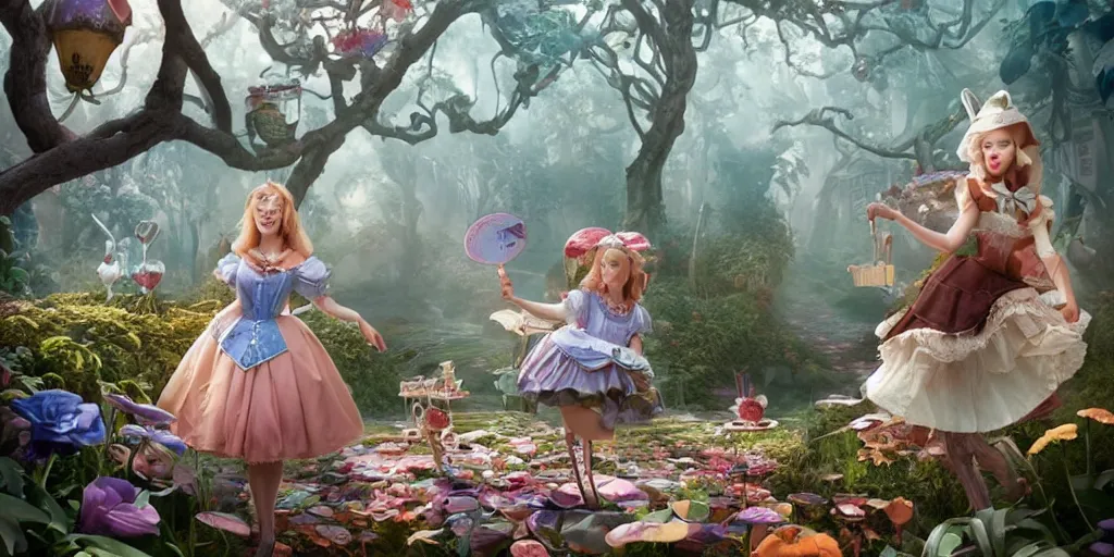 Prompt: an insanely intricate detailed beautifull 3 d render of alice in wonderland, beauty clean faces, cute detailed characters, unreal engine, octane render, redshift, 8 k resolution, cell shaded rendering, soft dramatic lighting, cinematic, subsurface scattering, anti aliashing,