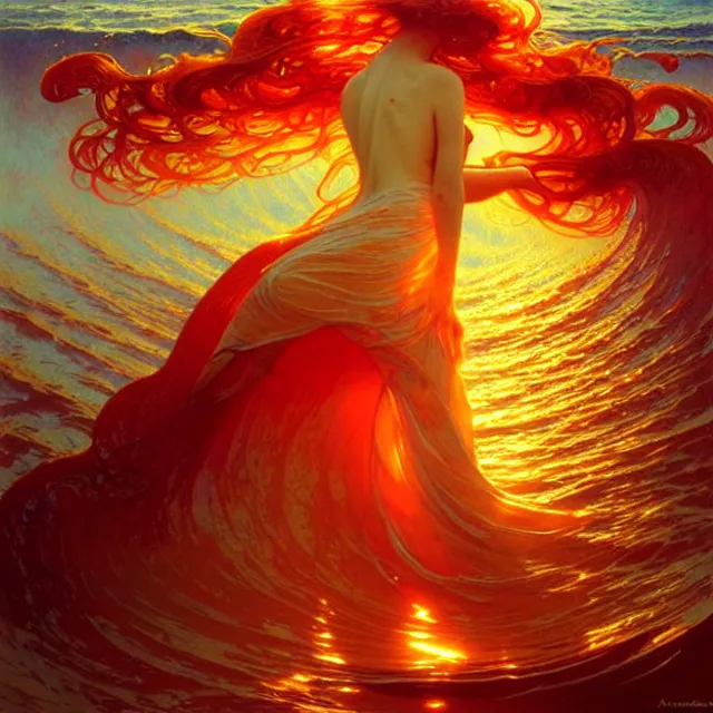 Image similar to mind bending ocean waves of glossy liquid honey drops flowing like psychedelic translucent amber, lsd waves, lsd ripples, backlit, sunset, refracted lighting, art by collier, albert aublet, krenz cushart, artem demura, alphonse mucha