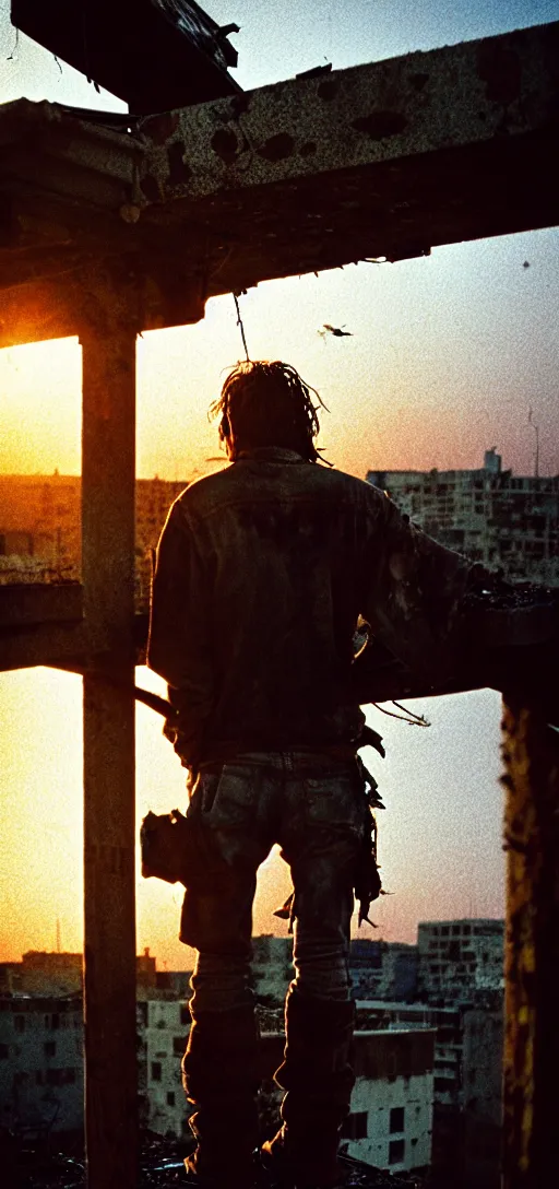 Image similar to Portrait of a tired battle-worn rugged post-apocalypse survivor staring contemplatively into the sunset from an abandoned overgrown rooftop terrace. A crow perched above stares at the sun, as well. Masterpiece. Photo taken with Kodak Professional Pro Image 100 35mm film.