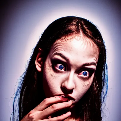 Image similar to fisheye medium format color portrait of a model with surreal style, camera flash