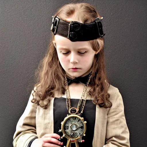 Prompt: steampunk little girl wears a clock necklace